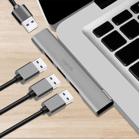 LogiLink USB-Hub 4 Anschlüsse USB 3.2 mit Anschluss an einen Computer USB-C / USB-A Graues