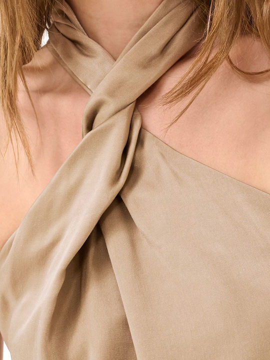Women's Blouse Satin Sleeveless with Halter Neck Beige