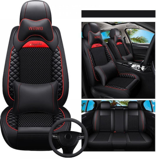 Set Universal Huse Scaune Auto Ediție Lux Material Piele Sintetică Scaune Față Spate Tetieră Volan Pernă Lombară Culoare Negru Roșu 14 Piese