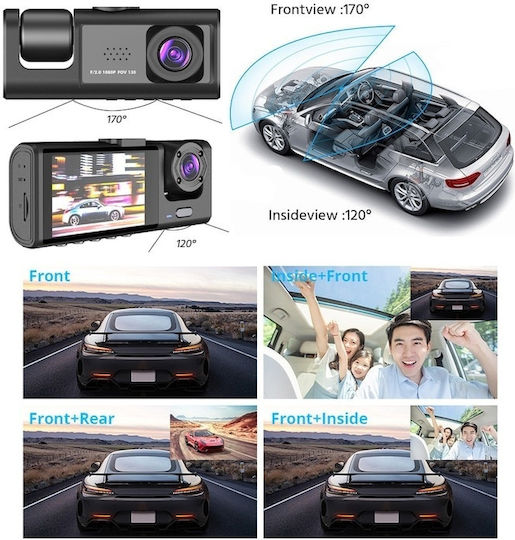 Triple Dash Cam Front Interior Rear View Night Vision Hd 170° Angle Full Hd Suction Cup Mount Black