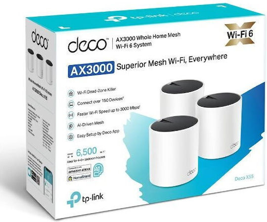 TP-LINK Deco X55 v1 WiFi Mesh Network Access Point Wi‑Fi 6 Dual Band (2.4 & 5GHz) σε Τριπλό Kit Λευκό