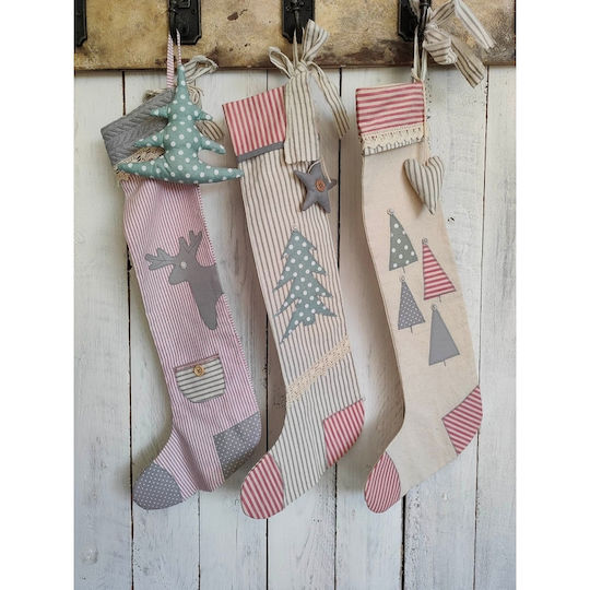 Χειροποίητες Patchwork Χριστουγεννιάτικη Διακοσμητική Κάλτσα Υφασμάτινη με Άγιο Βασίλη 3τμχ