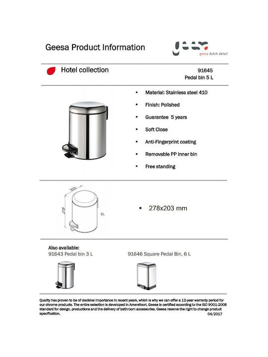 Geesa Metallic Bathroom Basket Soft Close 5lt Silver