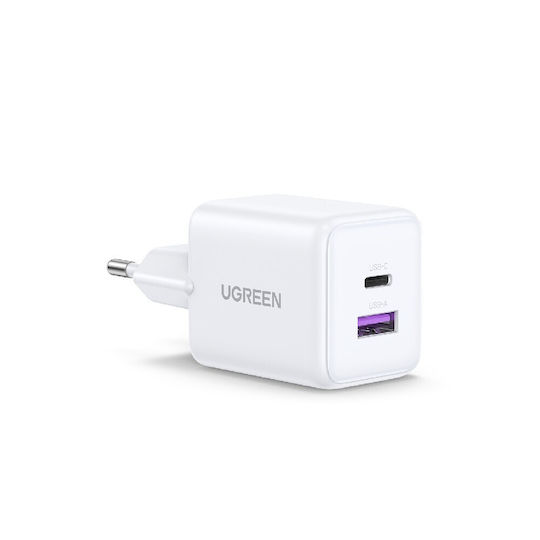 Ugreen Charger Without Cable GaN with USB-A Port and USB-C Port 30W Power Delivery Whites (X516)