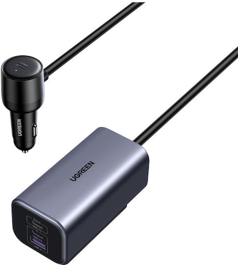 Ugreen EC706 Auto-Ladegerät 150W Schnellladung mit Anschlüssen: 1xUSB 1xType-C mit Kabel Eingebettet Gray Farbe