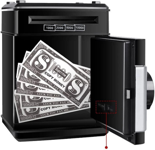Cutie de Bani Electronic Atm Safe pentru Copii likesmart Safebank Lumină Sunete Deschidere cu Pin Ușă Deschisă Alertă Negru