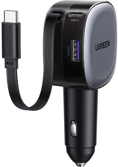 Ugreen EC601 Car Charger 75W Fast Charging with Ports: 1xUSB 1xType-C with Cable Embedded Gray Color