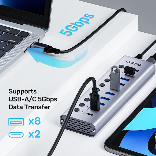 Unitek USB Hub 8 Ports USB 3.0 with Connecting to a Computer USB-C / USB-A