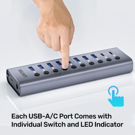 Unitek USB Hub 8 Ports USB 3.0 with Connecting to a Computer USB-C / USB-A
