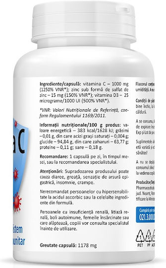 Zenyth Vitamin C + D3 + Zn Vitamina pentru Întărirea Sistemului Imunitar, Pielea & Acțiune Antioxidantă 100iu 1000mg 60 capace