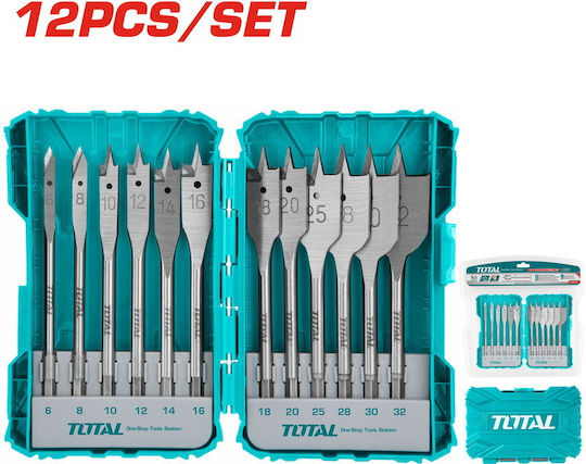 Total Set of 12 Feather Drills with Hexagonal Shank for Wood