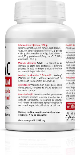 Zenyth Vitamina C cu Rodie pentru Întărirea Imunității, Pielii și Acțiune Antioxidantă 1000 mg 60 Capsule