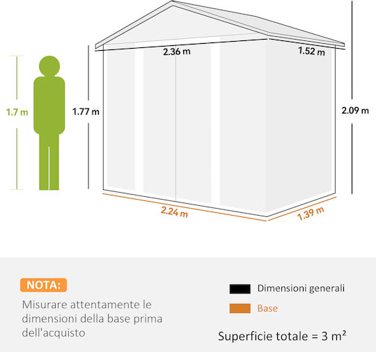 Metallische Gartenhaus mit Lüftungsschlitzen M2.3xB1.5xH2m