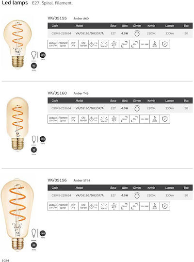 VK Lighting LED Bulb 5W 140mm for Socket E27 and Shape ST64 Warm White 300lm Dimmable