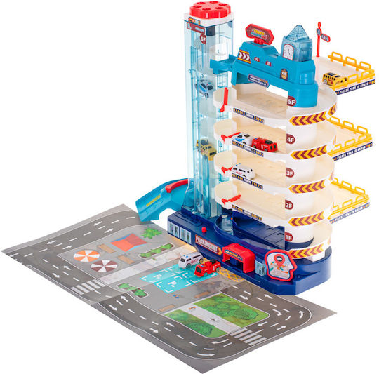 Circuit de Parcare pentru Copii Isp "likesmart City Parking Lot" Lumină Sunete 5 Niveluri 8 Mașini Covoraș Circuit Lift Electric Albastru