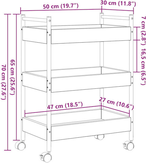 vidaXL Wooden Kitchen Trolley 3 Tiers Brown 50x30x70cm