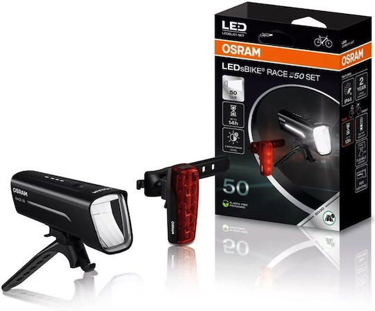 Osram Ledsbike Race 50 Комплект Акумулаторни Светлини за Велосипед Stvzo Одобрени Предни и Задни LED Светлини Три Нива на Яркост 50 Лукса Черен