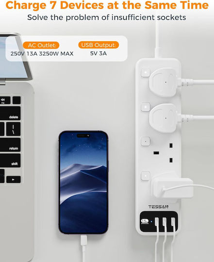 Tessan Πολύπριζο 7 Θέσεων με 3 USB-A, Διακόπτη και Καλώδιο 2m