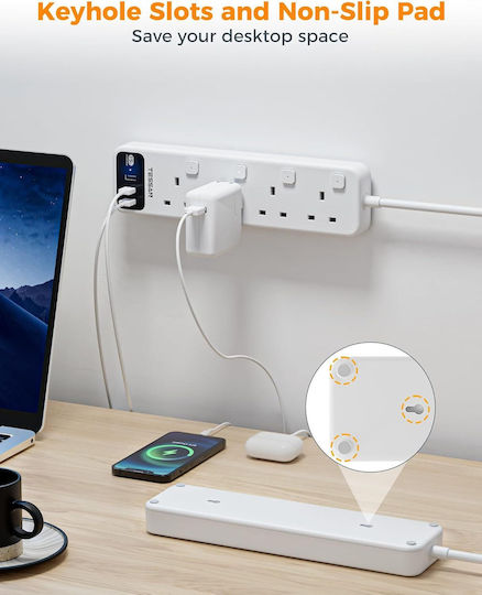 Tessan Πολύπριζο 7 Θέσεων με 3 USB-A, Διακόπτη και Καλώδιο 2m
