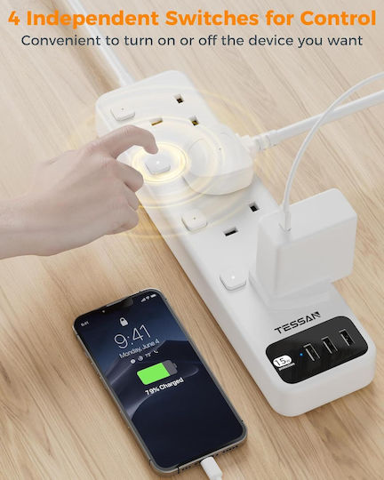 Tessan Πολύπριζο 7 Θέσεων με 3 USB-A, Διακόπτη και Καλώδιο 2m
