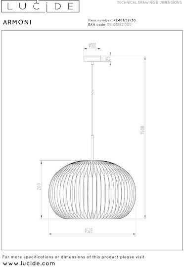 Lucide Lightning Hängelampe Schwarz 52x52x180cm.