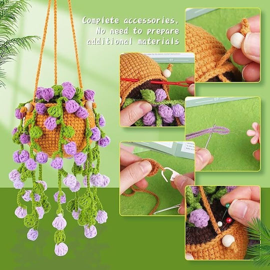 Diy Häkelhängender Blumenampel Set – Komplettes Bastelset Zubehör Videoanleitung Grüne Lila