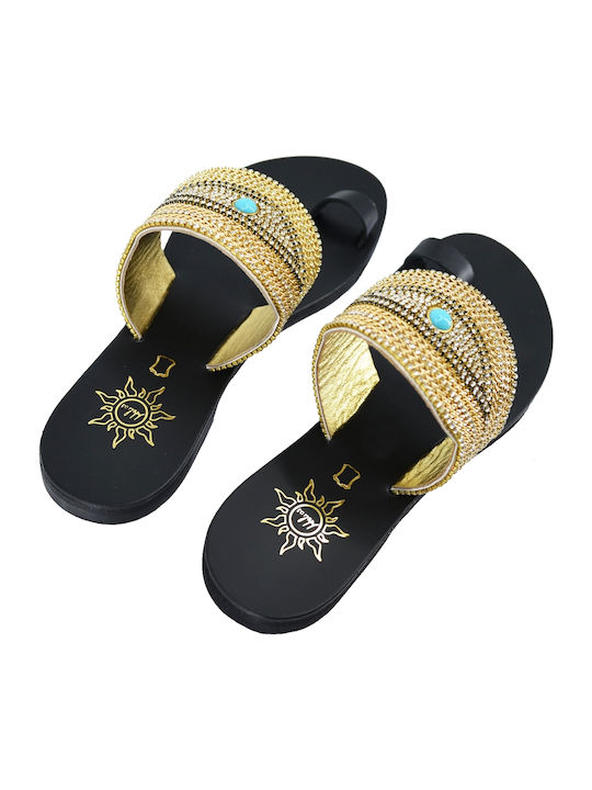 Leder Flache Sandalen für Damen Black/Gold