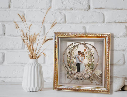 Carved Wall-Mounted Square Wedding Crown Case / Photo Frame Wooden Gold 30x30cm