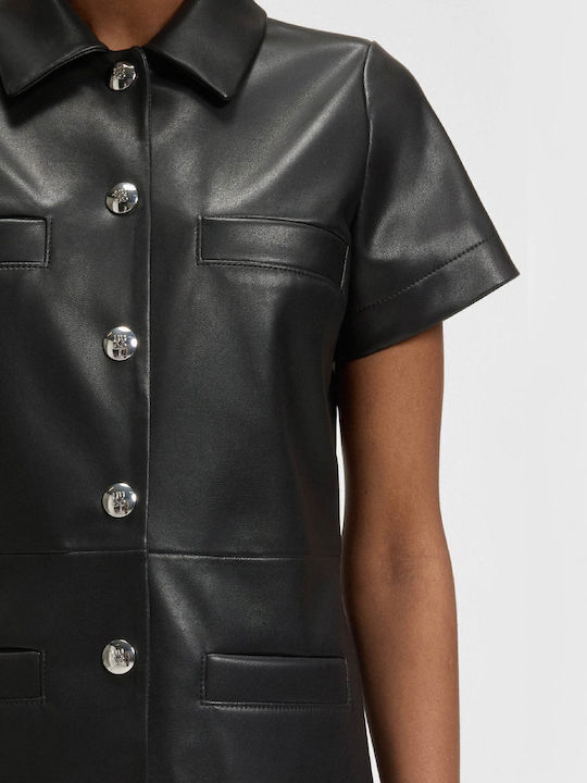 Mini Shirt Dress Leather Black