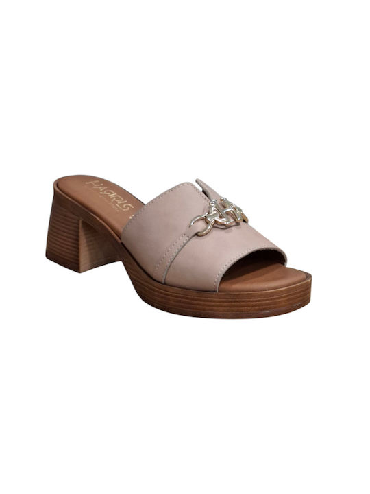 Leather Mules with High Heel in Brown Color