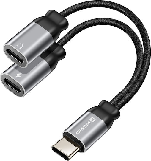 Swissten 2-in-1 Audio USB-C Charging Splitter Braided Nylon Anti-Knot Black