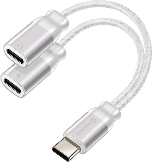 Swissten 2-in-1 Audio USB-C Charging Splitter Braided Nylon Anti-Knot White