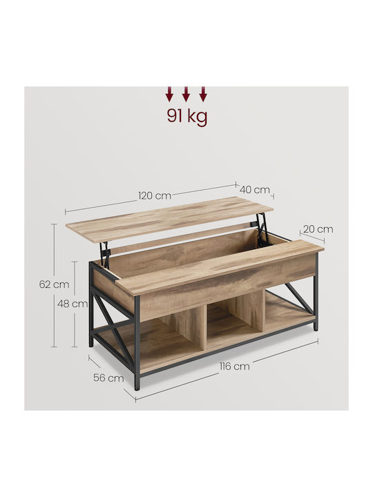 Rectangular Central Wooden Coffee Table with Lifting Mechanism Beige 120x60x48cm
