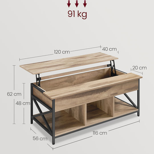 Rectangular Central Wooden Coffee Table with Lifting Mechanism Beige 120x60x48cm