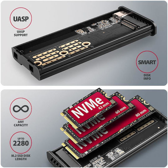 Axagon Θήκη για Σκληρό Δίσκο M.2 SATA III NVME με σύνδεση SATA USB 3.2 Type-C σε Γκρι χρώμα