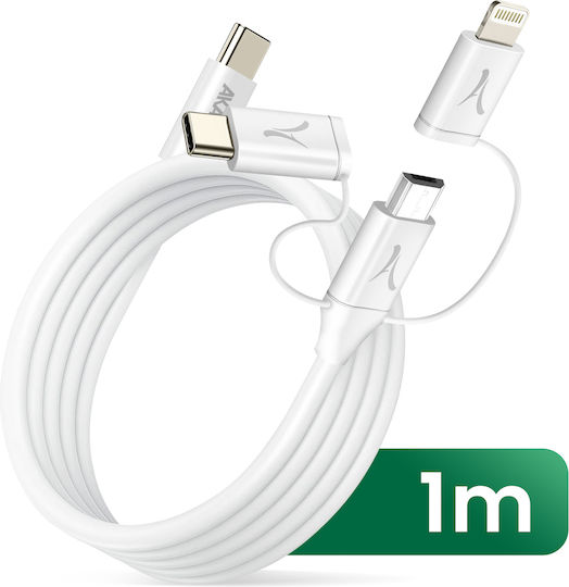 Akashi Екологичен 3-в-1 Usb-c Към Usb-c Micro-usb Lightning Кабел 1m Бял