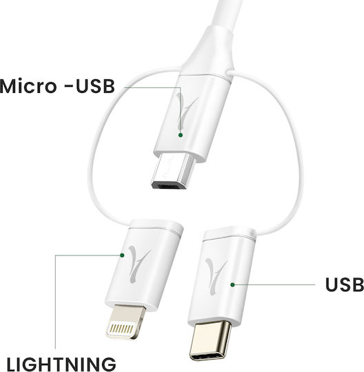 Akashi Екологичен 3-в-1 Usb-c Към Usb-c Micro-usb Lightning Кабел 1m Бял