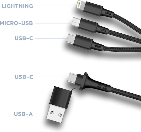 Akashi 5-в-1 Usb Usb-c Към Usb-c Micro Usb Lightning Зареждащ Кабел Черен