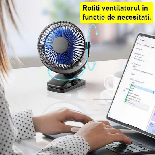 Siks Ventilator Portabil Cu Clip Pentru Birou Lounge Scaun Cărucior Reîncărcabil Baterie Usb Diametru 11 Cm 3 Viteze Negru