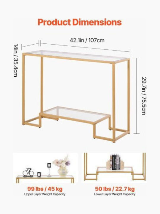 Console Table Metal with Glass Surface Golden L107xW35.4xH75.5cm