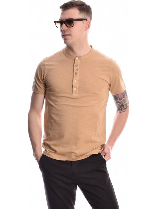 Bej Tricou Cu Mânecă Scurtă Cu Guler Mao