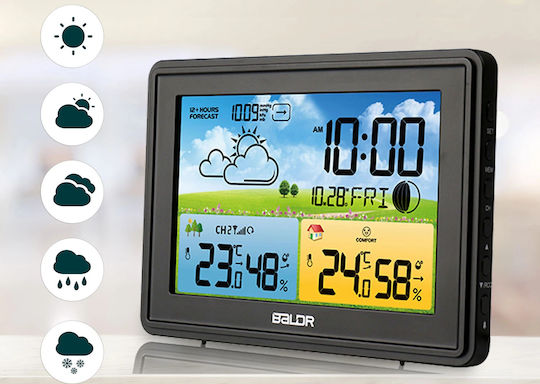 Wireless Weather Station IDL Baldr+ Outdoor Sensor Hygrometer Barometer Weather Forecast Moon Phases Comfort Level Icon Alarm Clock Backlit Display Black Color