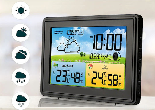 Stație meteo wireless Spring Idealstore cu senzor exterior, higrometru, barometru, prognoză meteo, fazele lunii, nivel de confort, ceas cu alarmă, ecran iluminat, culoare neagră