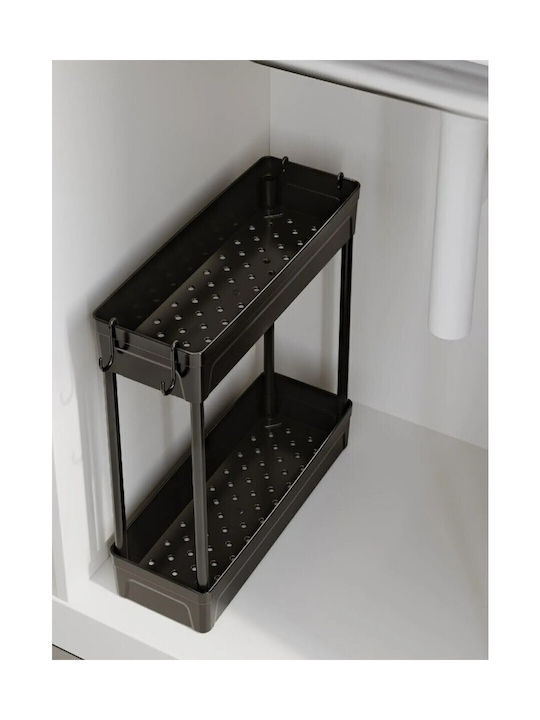 Femmit Multifunctional Sink Organizer Rack – 2-Tier Shelf with Hooks & Non-Slip Base Plastic Black 39x36x13 Cm