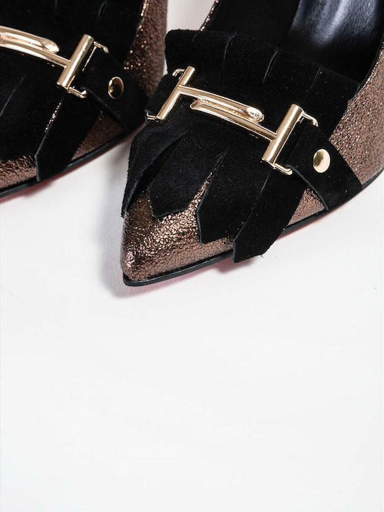 Leather Pointed Toe Brown Heels Bronze