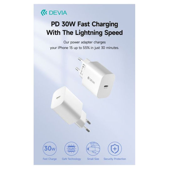 Devia Charger Without Cable GaN with USB-C Port 30W Power Delivery Whites (Smart)