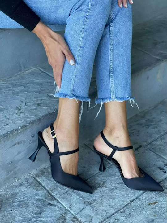 Satin Pumps Satin mit Stiletto Absatz und Riemen Schwarz