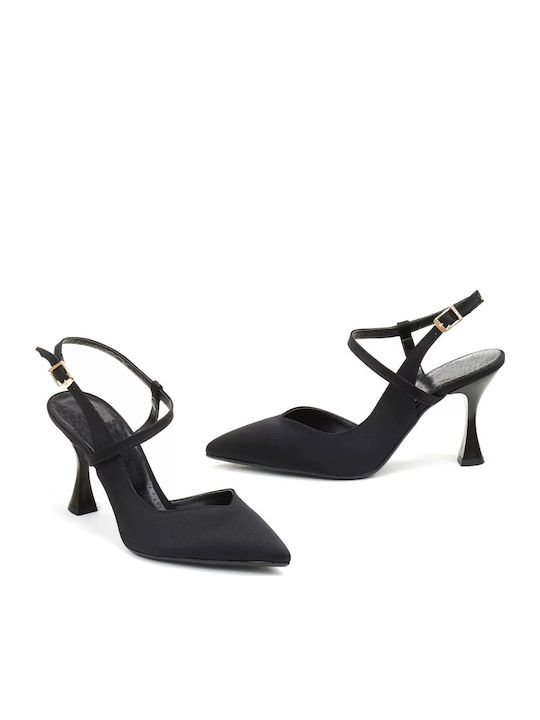 Satin Pumps Satin mit Stiletto Absatz und Riemen Schwarz