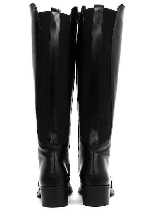 Leder Damenstiefel mit Gummizug Schwarz