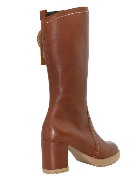 Leather Medium Heel Women's Boots with Zipper Brown